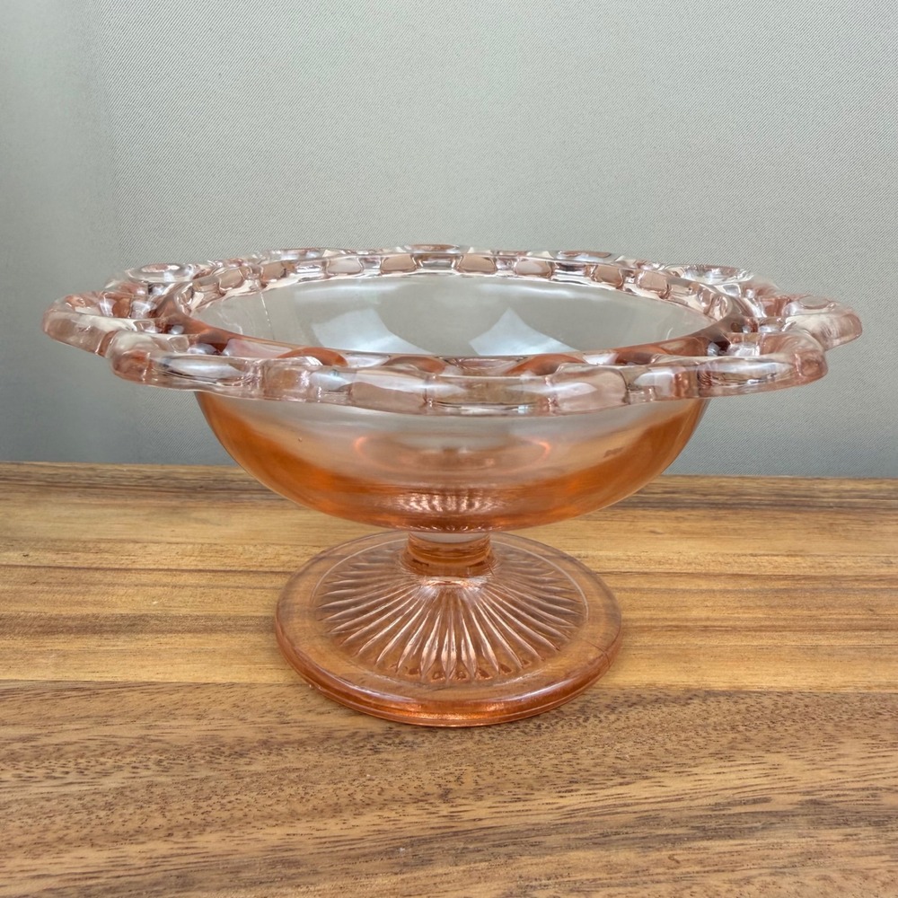 Anchor Hocking Old Colony‎ Pink Depression Glass Lace Edge Footed Bowl 8.5"